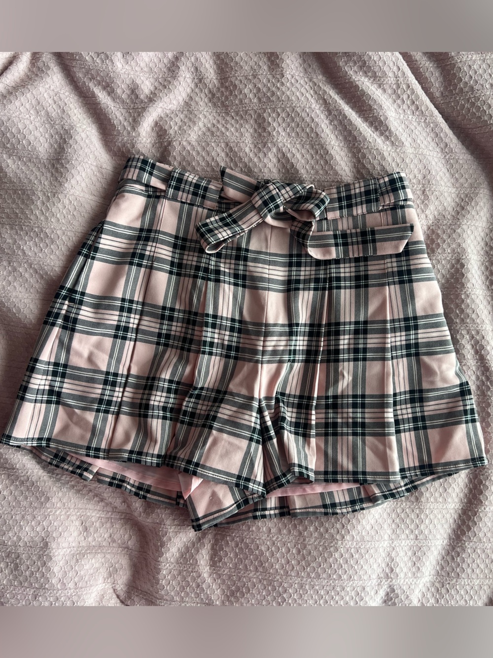 Sunday Best Pink Pleated Plaid High-Waist Tie Shorts